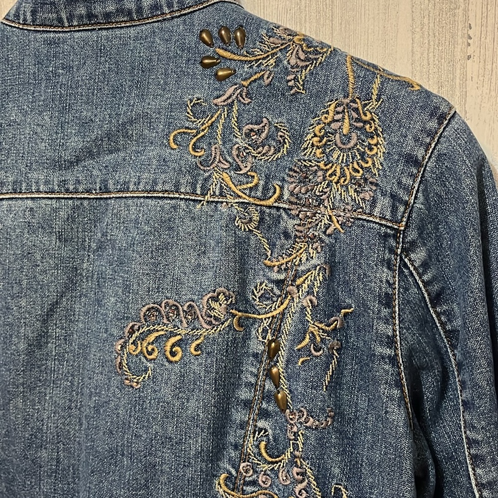 Z5 Chicos blue jean jacket paisley flower embroidery design pockets long sleeve - Picture 6 of 8